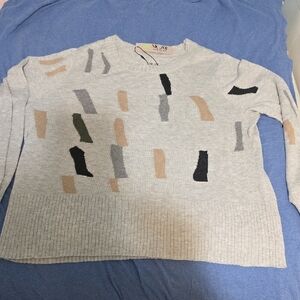 NIC+ZOE Gray Sweater with Colorful Abstract Design